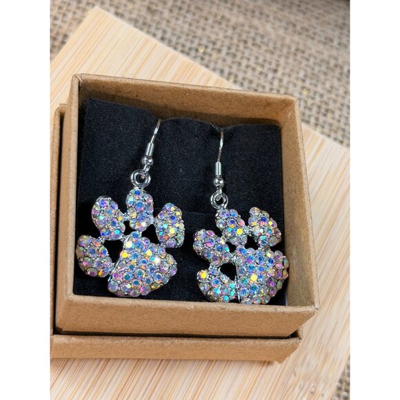Sparkling Paw Print Dangle Earrings With Rhinestones Silver-Toned Hooks Lightwei - Picture 5 of 7